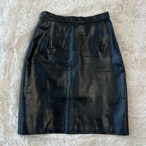 Vintage black leather pencil skirt high waisted knee length back slit